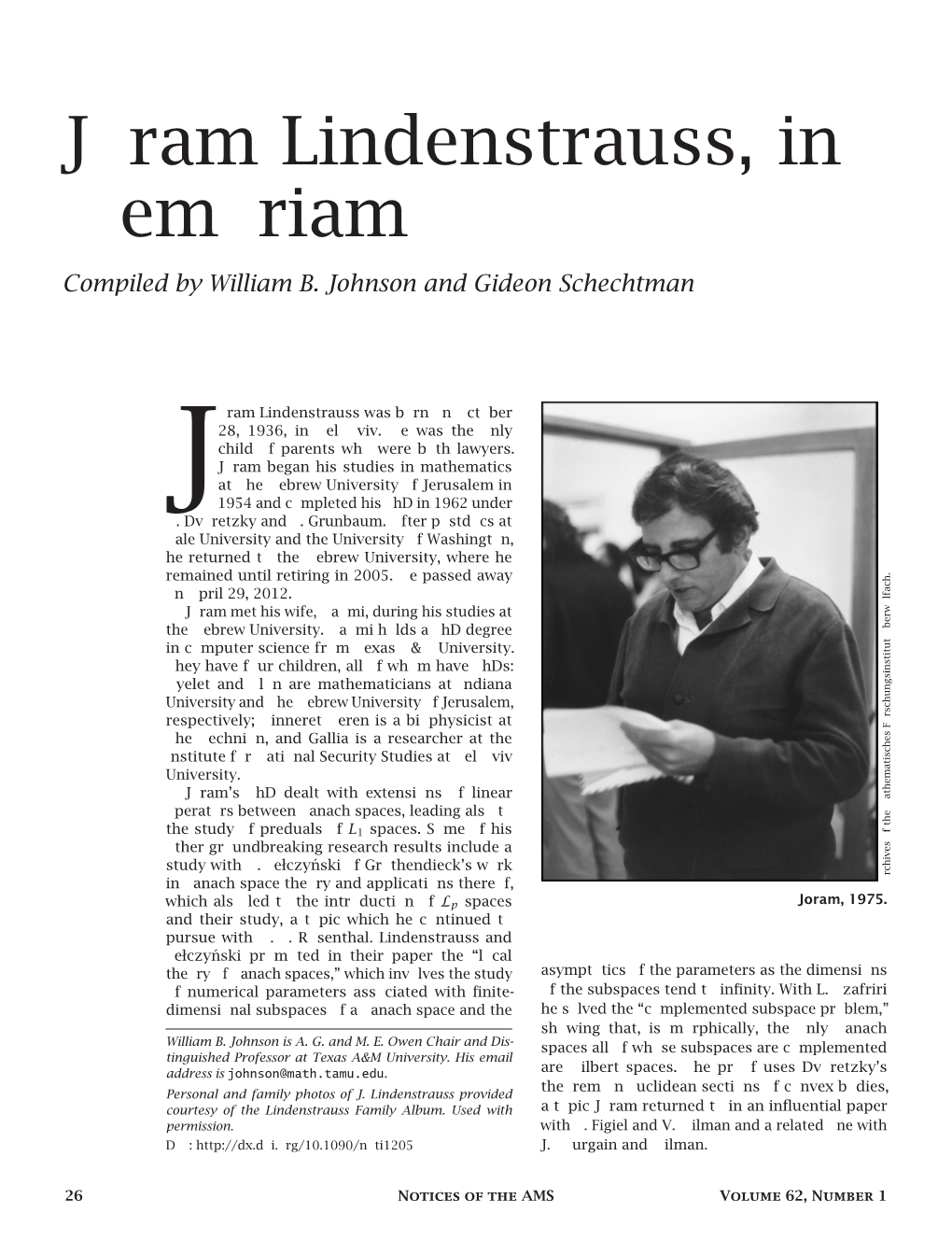 Joram Lindenstrauss, in Memoriam