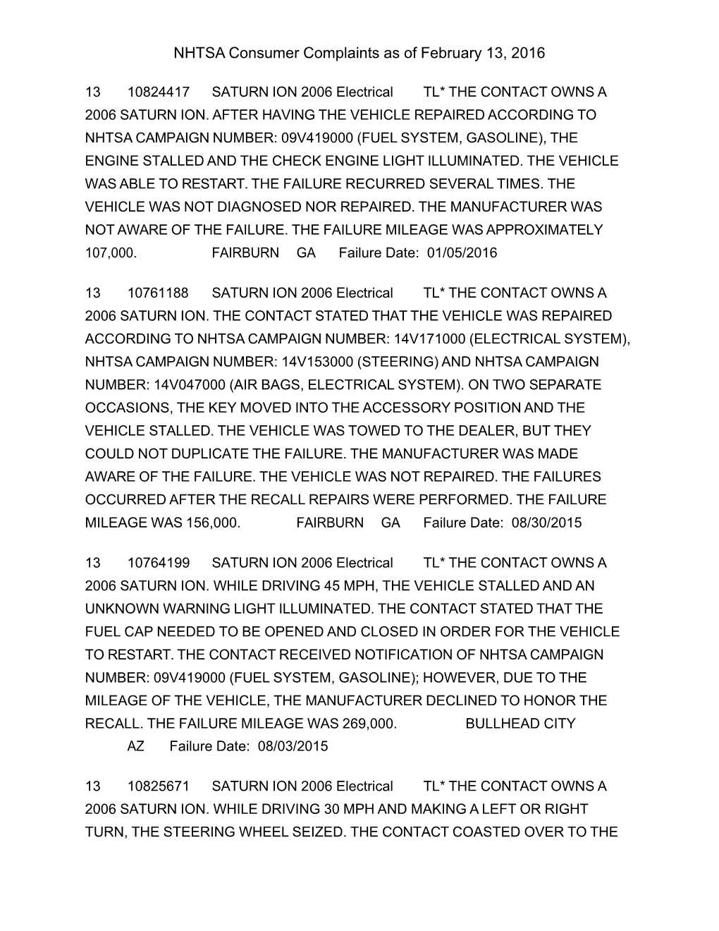 NHTSA Consumer Complaints As of February 13, 2016