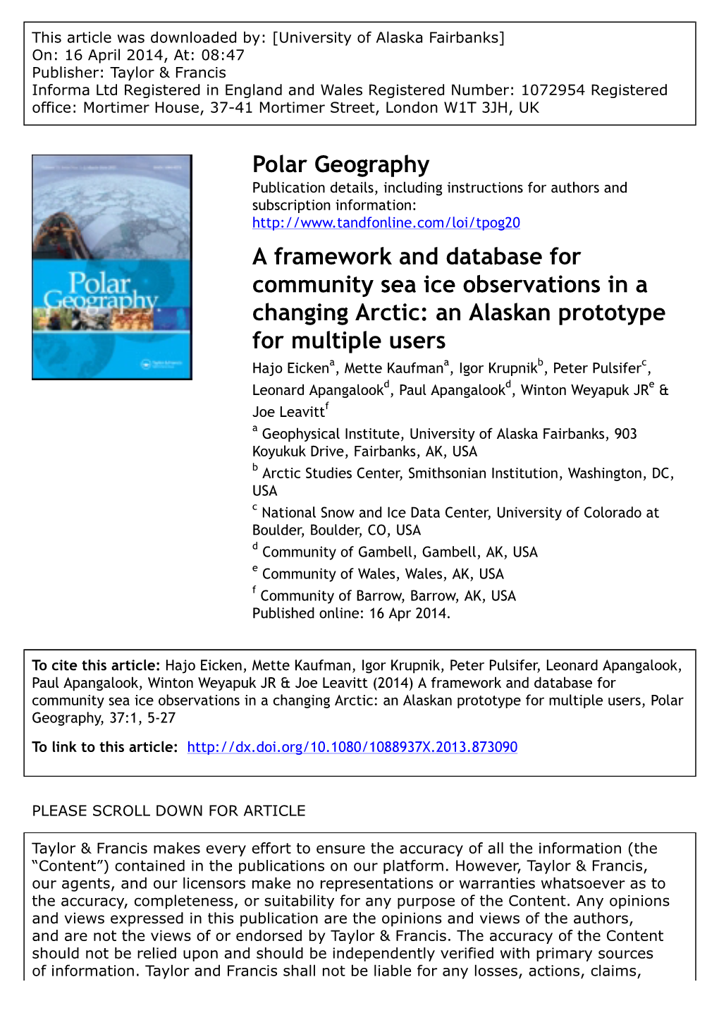 A Framework and Database for Community Sea Ice Observations in a Changing Arctic: an Alaskan Prototype for Multiple Users