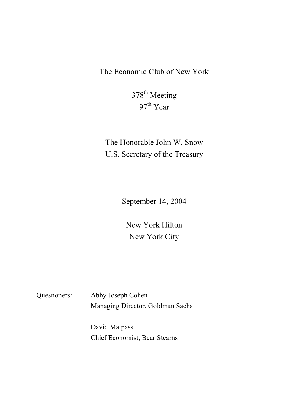 The Economic Club of New York 378 Meeting 97 Year The