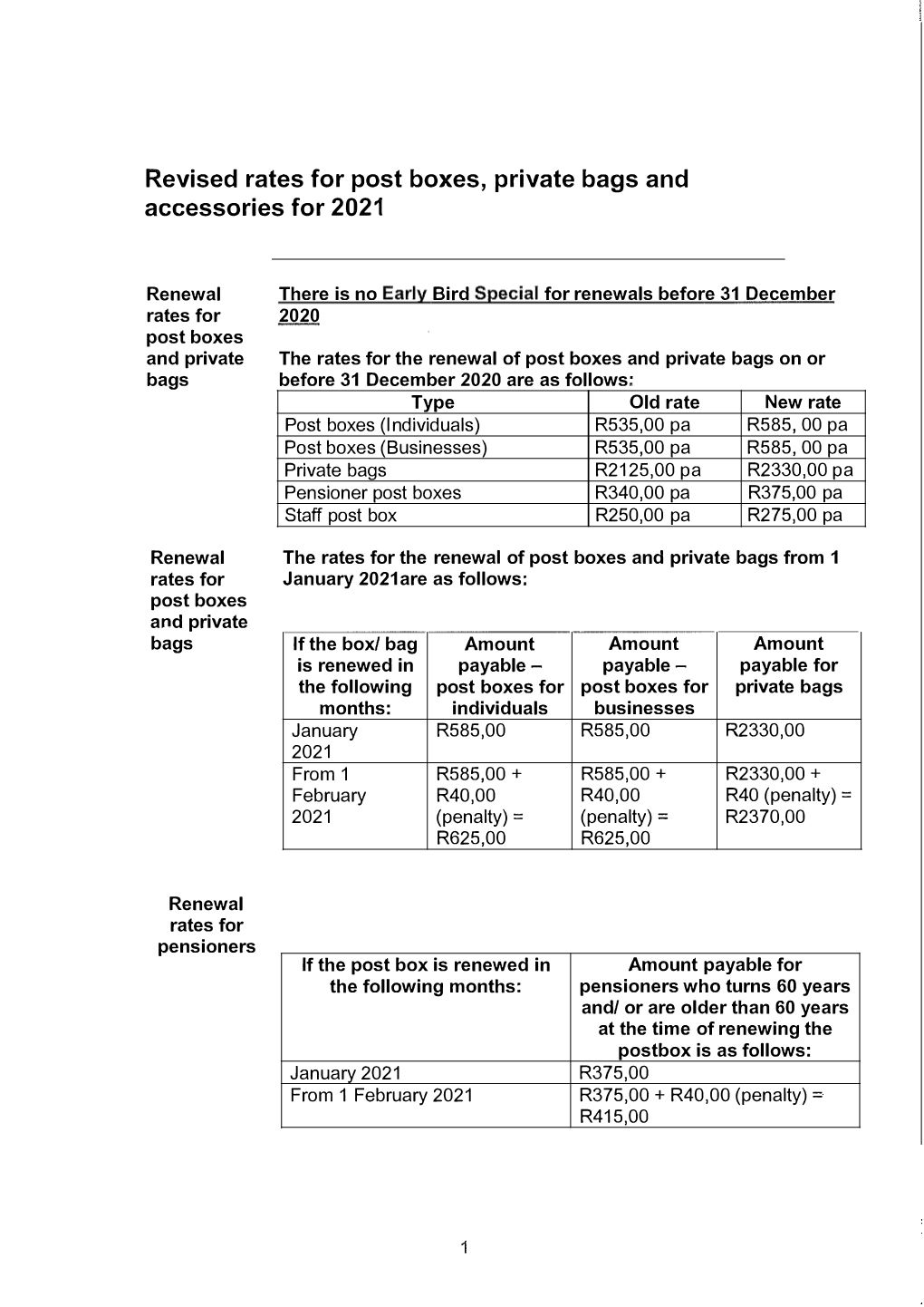 Please Share This Information with All Your Staff Revised Rates for Post