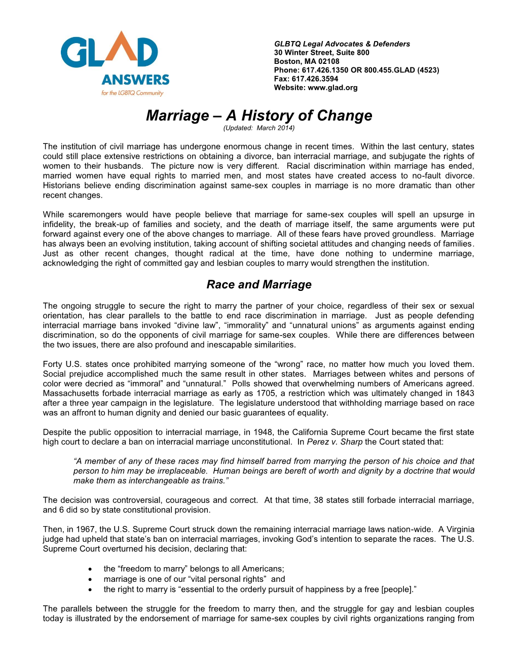 Marriage – a History of Change (Updated: March 2014)