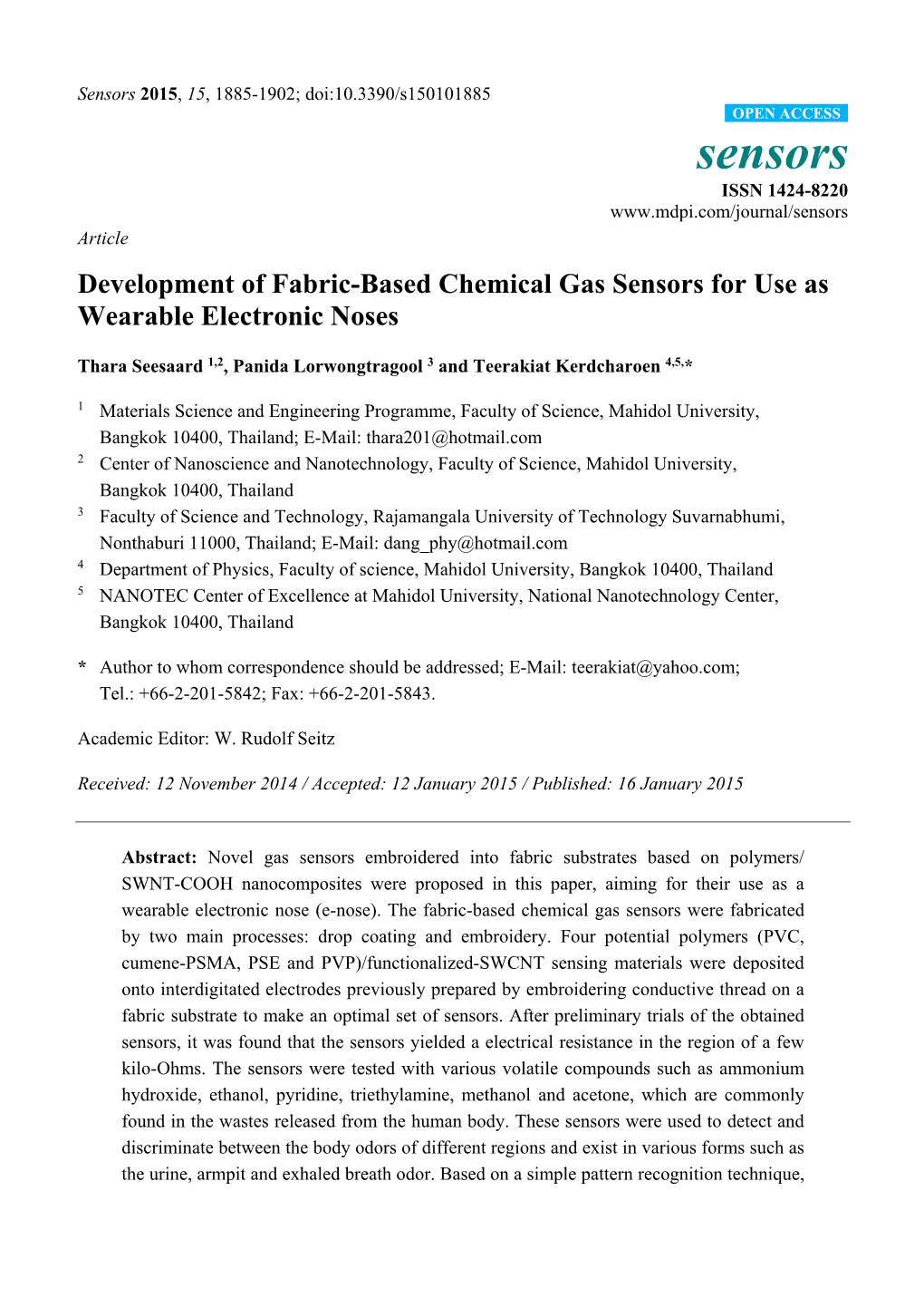 Development of Fabric-Based Chemical Gas Sensors for Use As Wearable Electronic Noses