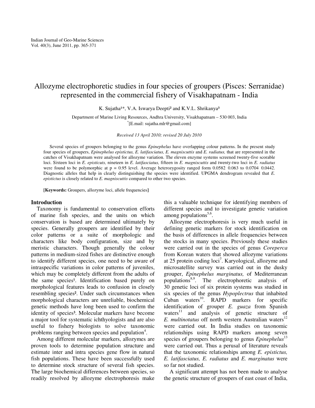 Allozyme Electrophoretic Studies in Four Species of Groupers (Pisces: Serranidae) Represented in the Commercial Fishery of Visakhapatnam - India