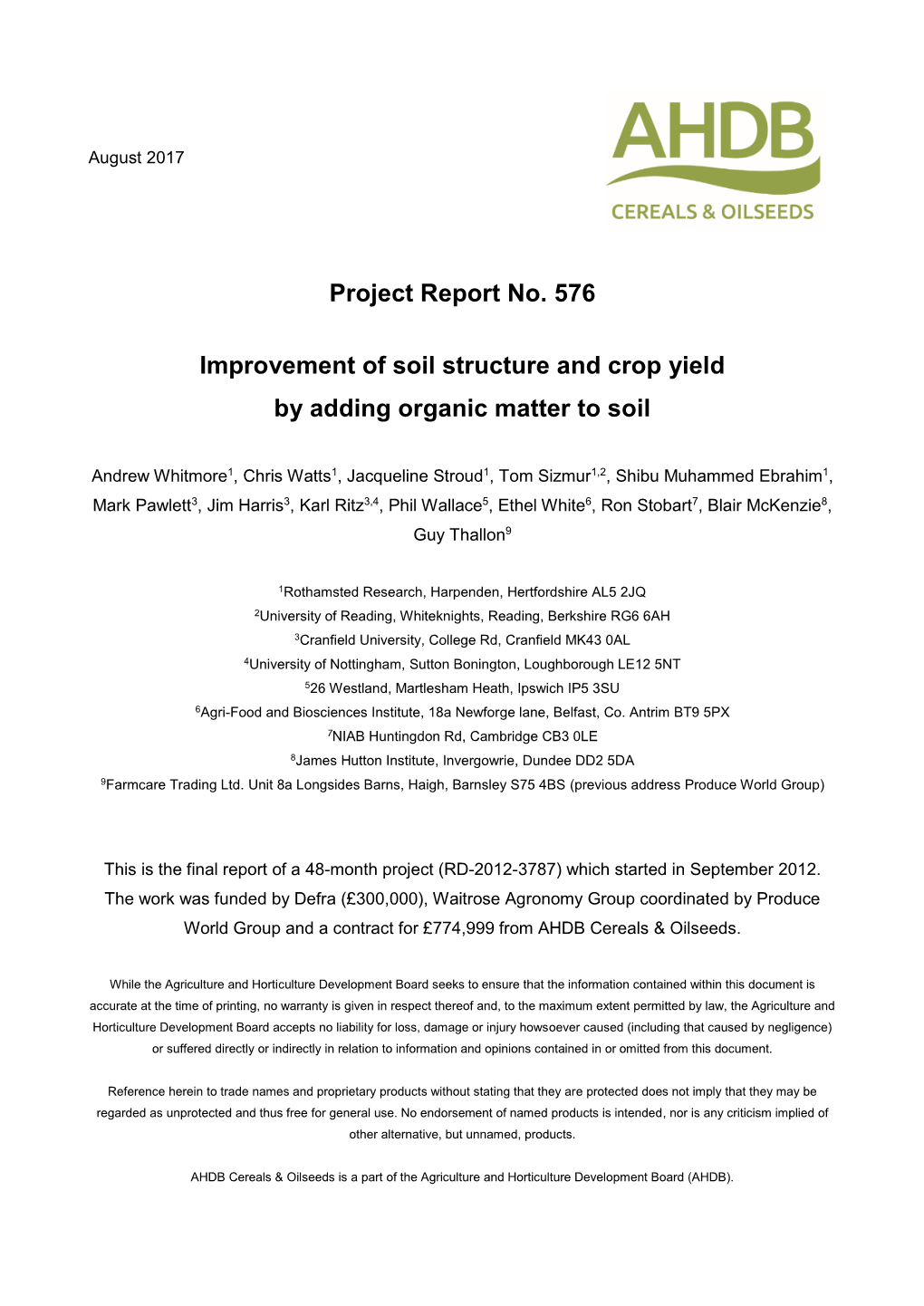 Project Report No. 576 Improvement of Soil Structure and Crop Yield by Adding Organic Matter to Soil