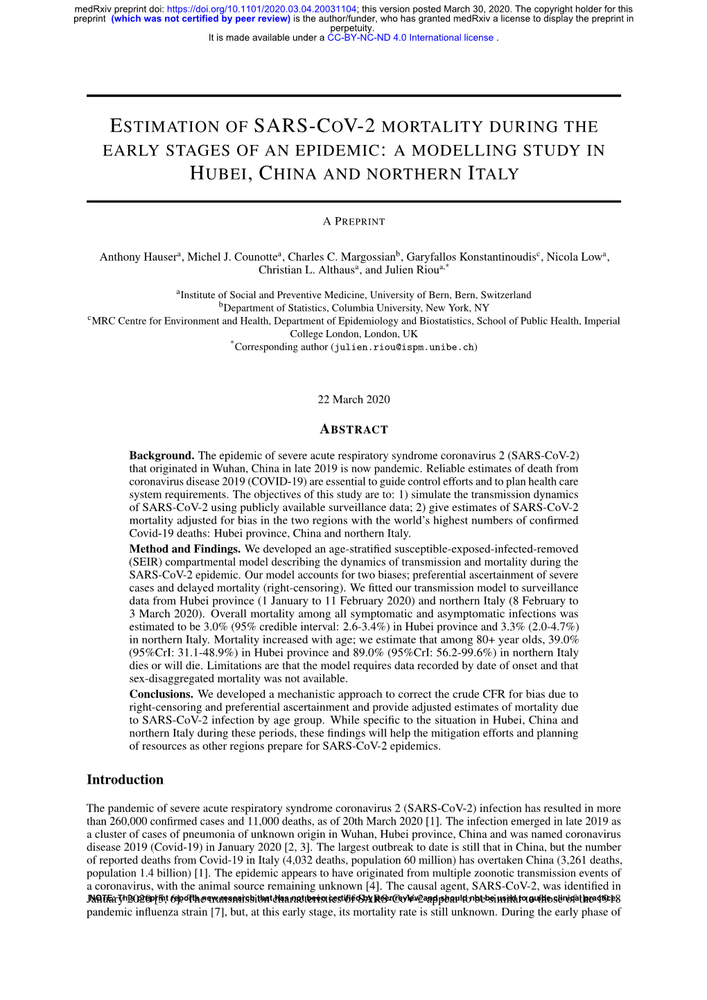 A Modelling Study in Hubei, China and Northern Italy