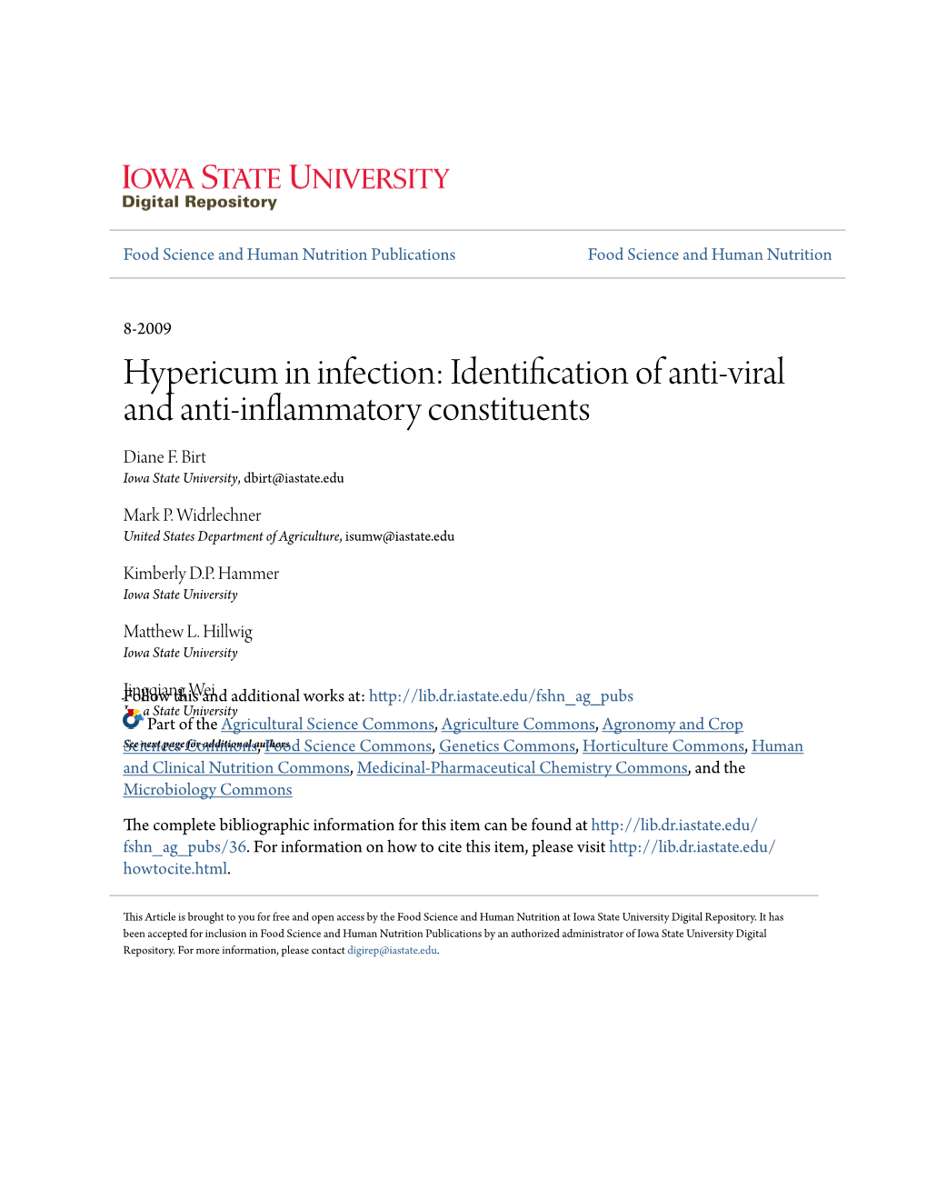 Hypericum in Infection: Identification of Anti-Viral and Anti-Inflammatory Constituents Diane F
