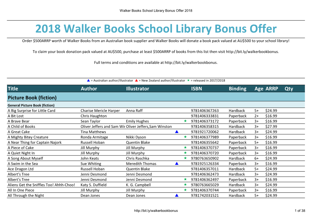 2018 Walker Books School Library Bonus Offer