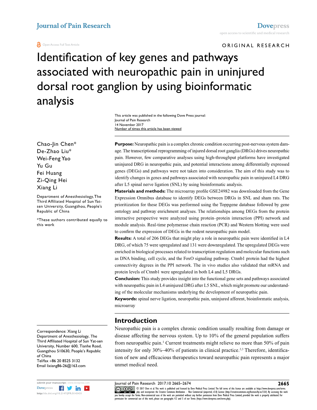 Identification of Key Genes and Pathways Associated with Neuropathic Pain in Uninjured Dorsal Root Ganglion by Using Bioinformatic Analysis