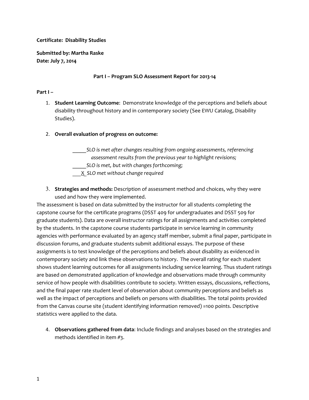 Part I Program SLO Assessment Report for 2013-14