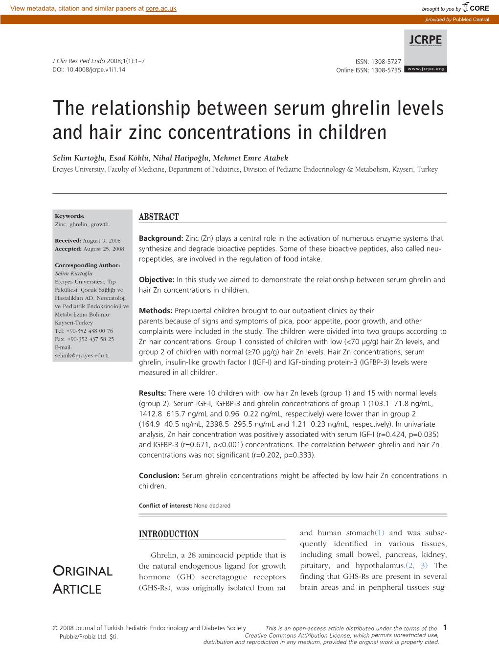 The Relationship Between Serum Ghrelin Levels and Hair Zinc Concentrations in Children