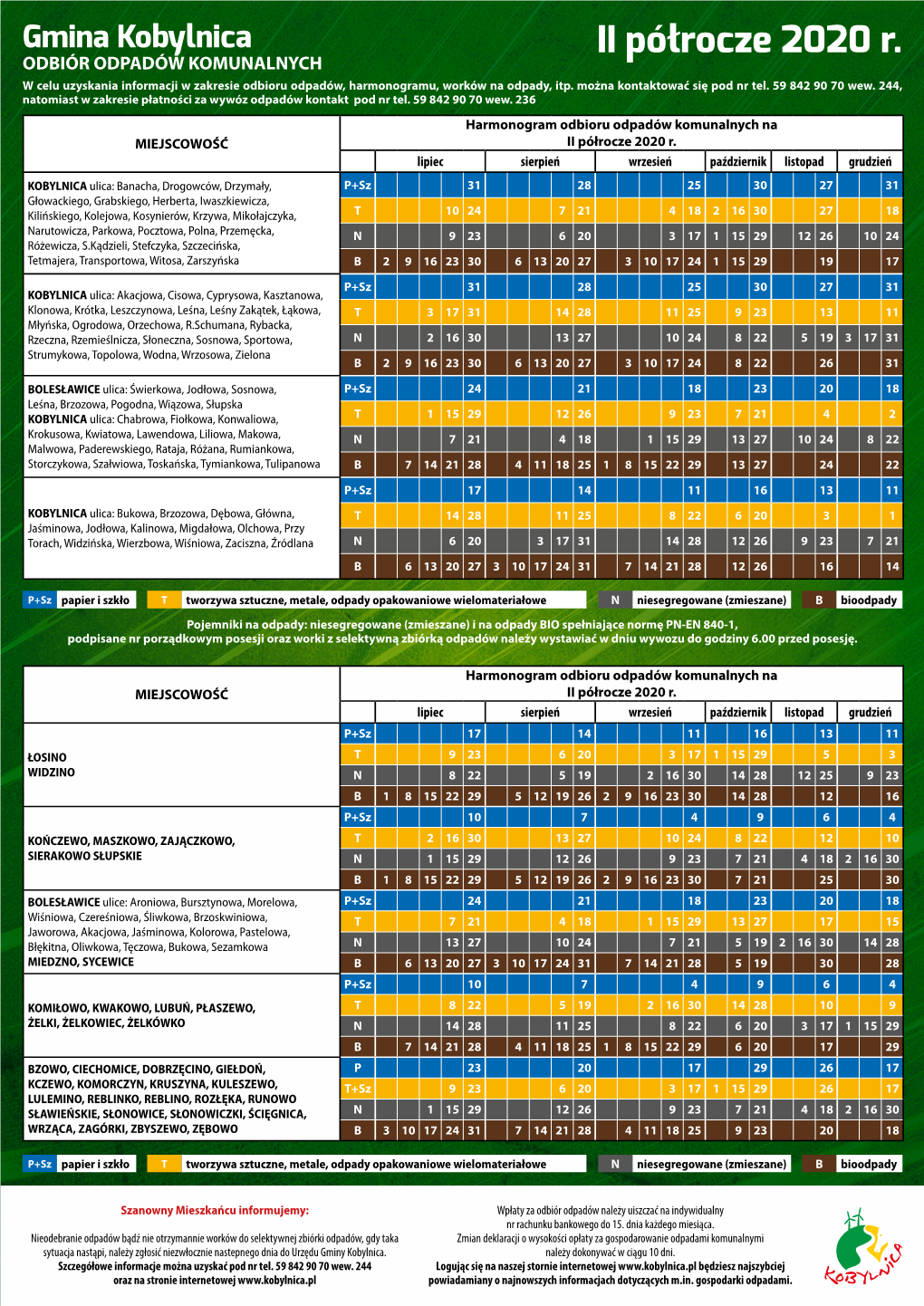 II Półrocze 2020 R. ODBIÓR ODPADÓW KOMUNALNYCH W Celu Uzyskania Informacji W Zakresie Odbioru Odpadów, Harmonogramu, Worków Na Odpady, Itp