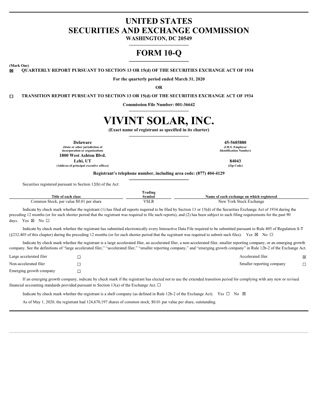 VIVINT SOLAR, INC. (Exact Name of Registrant As Specified in Its Charter)