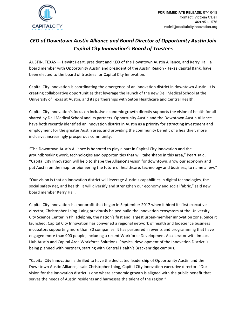 CEO of Downtown Austin Alliance and Board Director of Opportunity Austin Join Capital City Innovation’S Board of Trustees