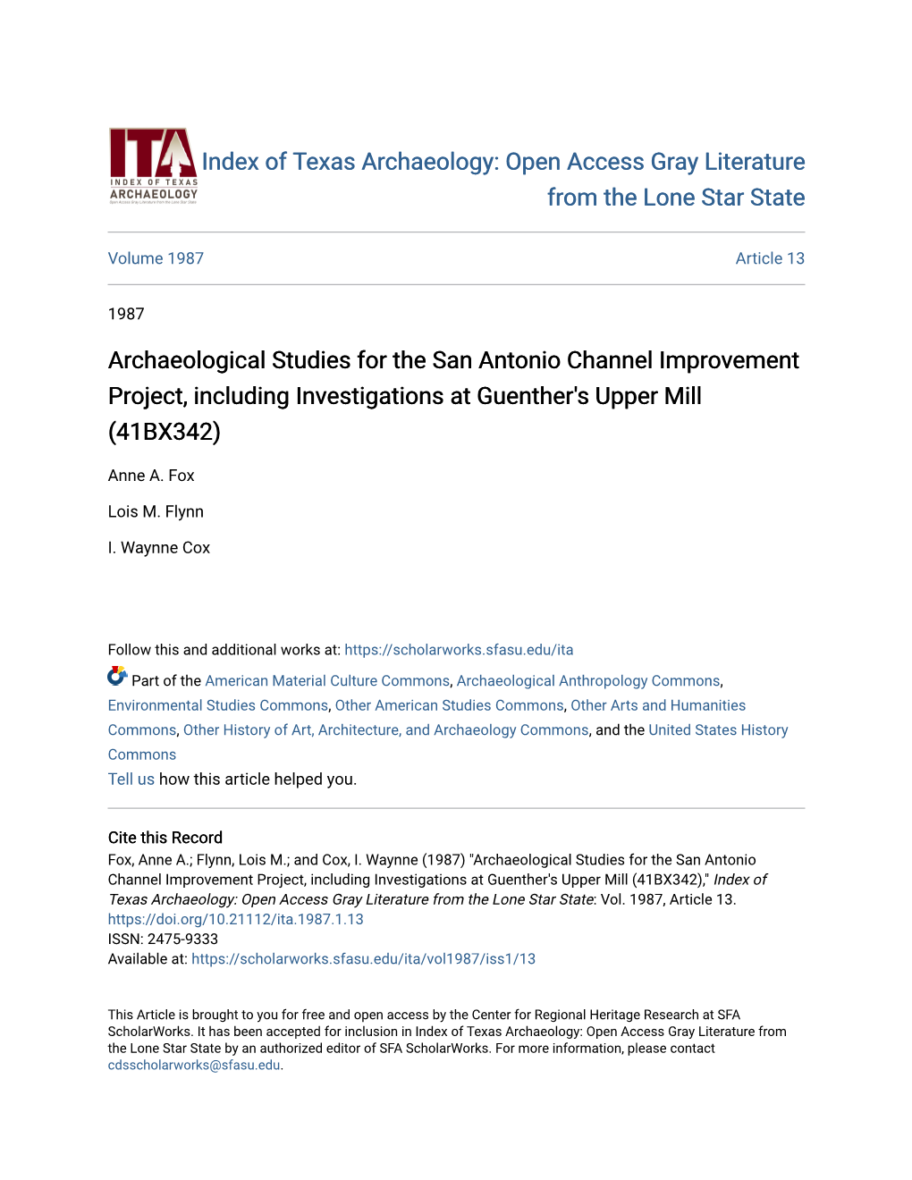 Archaeological Studies for the San Antonio Channel Improvement Project, Including Investigations at Guenther's Upper Mill (41BX342)