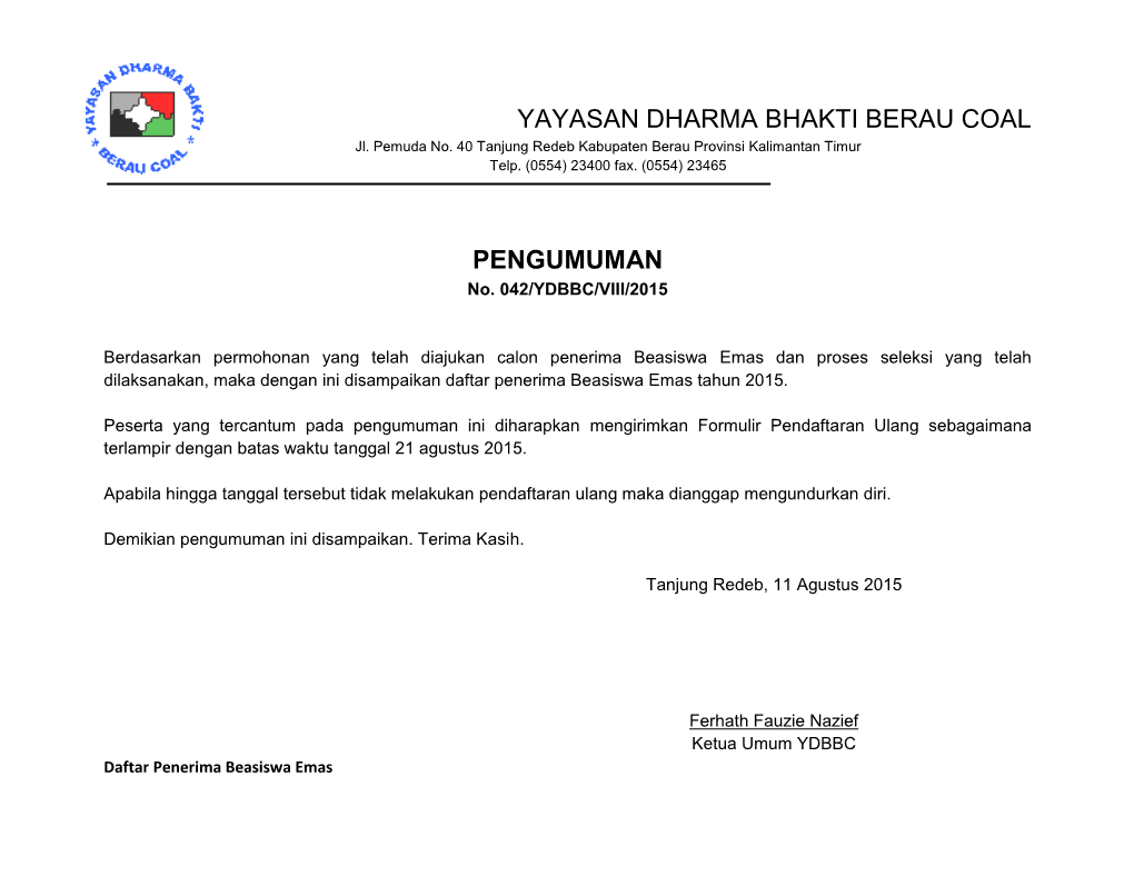 Yayasan Dharma Bhakti Berau Coal Pengumuman