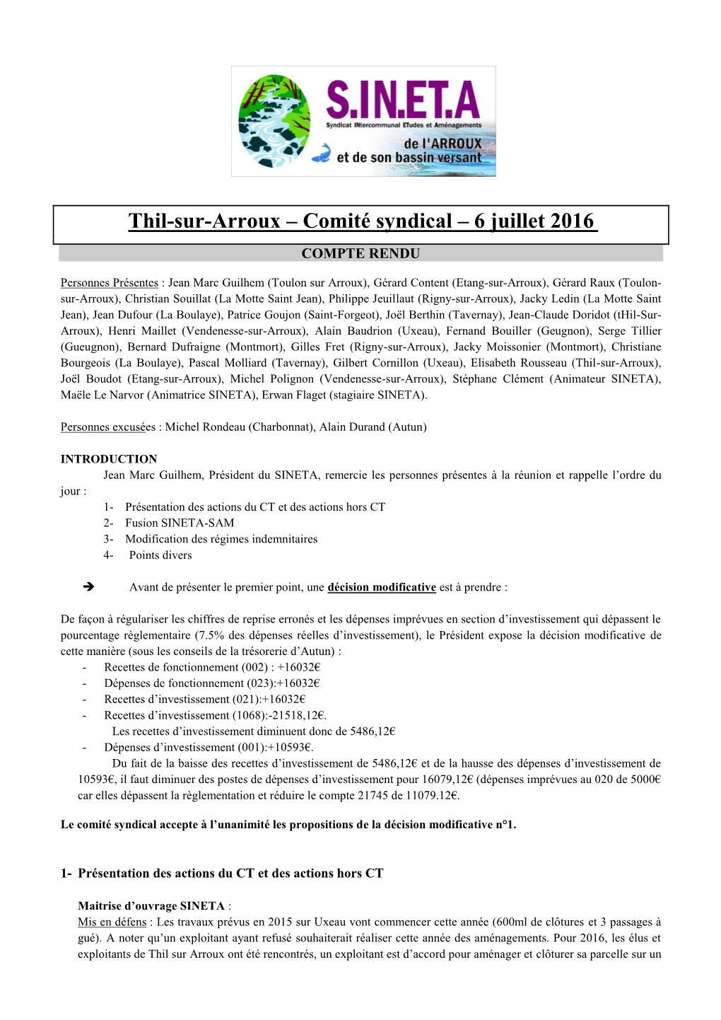 Thil-Sur-Arroux – Comité Syndical – 6 Juillet 2016