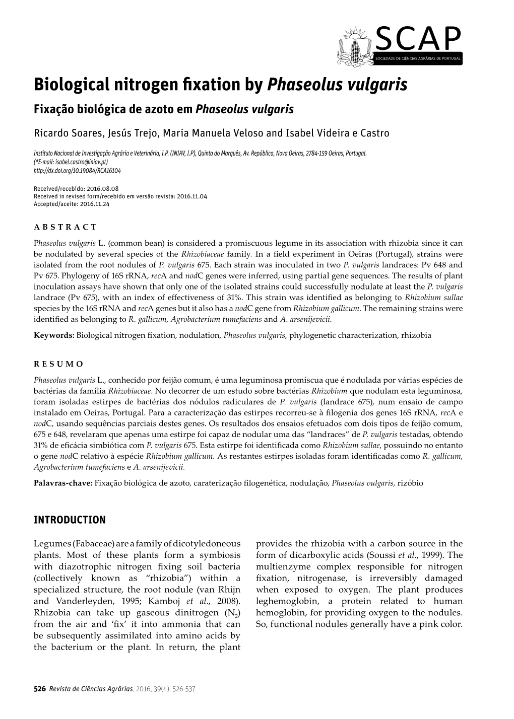 Biological Nitrogen Fixation by Phaseolus Vulgaris Fixação Biológica De Azoto Em Phaseolus Vulgaris