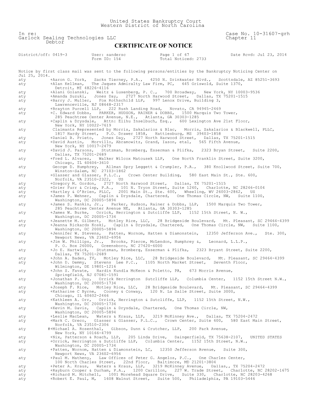 CERTIFICATE of NOTICE District/Off: 0419-3 User: Sandersc Page 1 of 67 Date Rcvd: Jul 23, 2014 Form ID: 154 Total Noticed: 2733