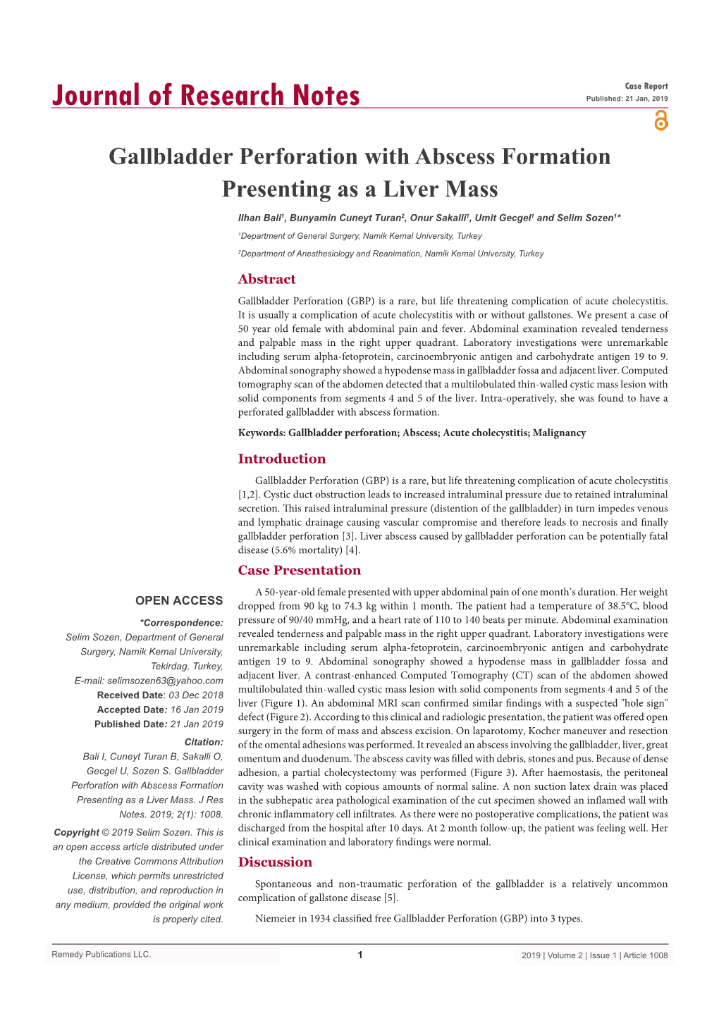 Gallbladder Perforation with Abscess Formation Presenting As a Liver Mass