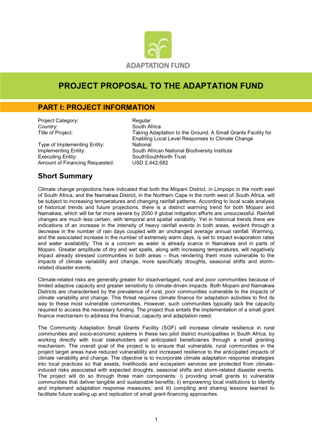 Project Proposal to the Adaptation Fund