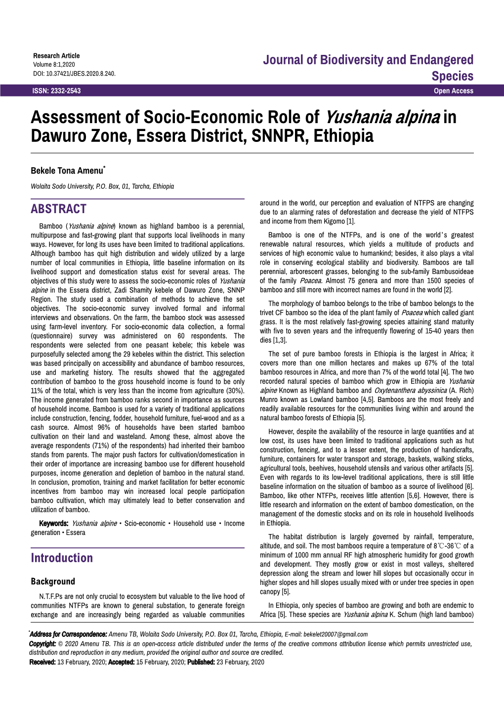 Assessment of Socio-Economic Role of Yushania Alpina in Dawuro Zone, Essera District, SNNPR, Ethiopia