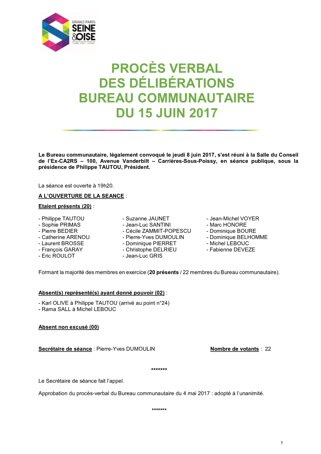 Procès Verbal Des Délibérations Bureau Communautaire Du 15 Juin 2017