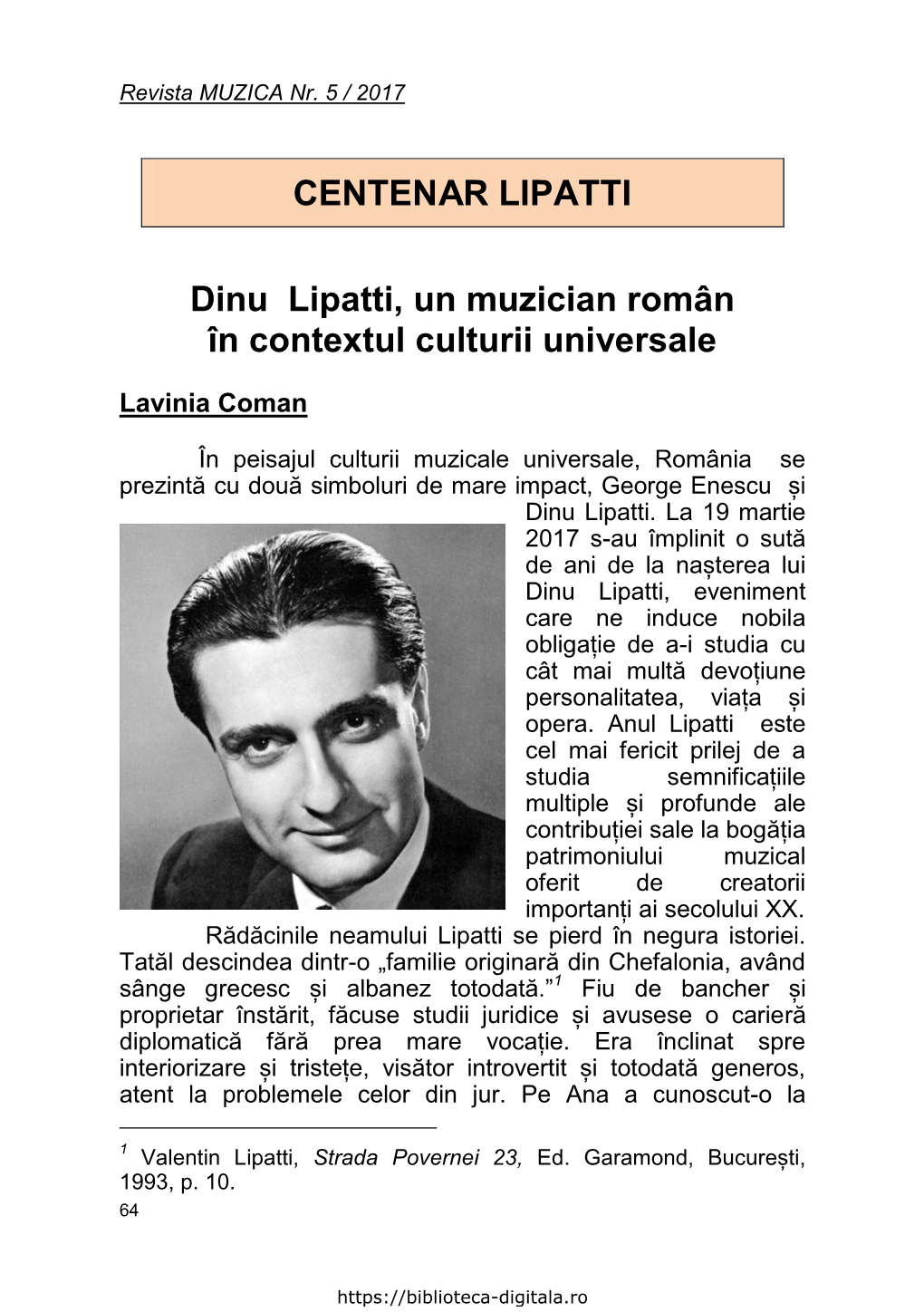 CENTENAR LIPATTI Dinu Lipatti, Un Muzician Român În Contextul Culturii Universale