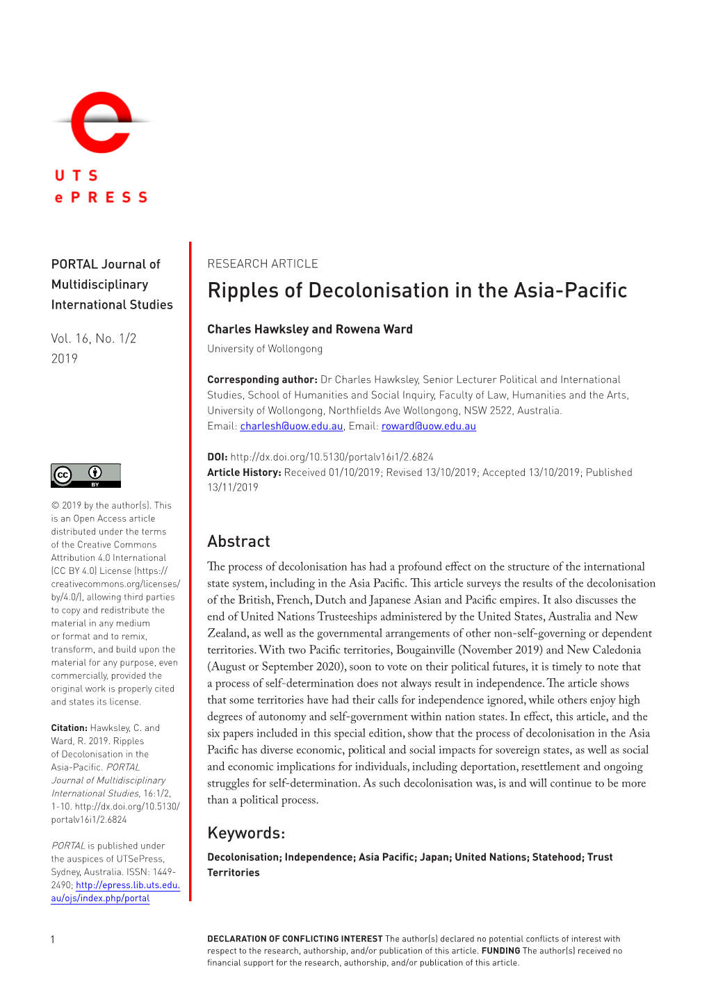 Ripples of Decolonisation in the Asia-Pacific International Studies Charles Hawksley and Rowena Ward Vol