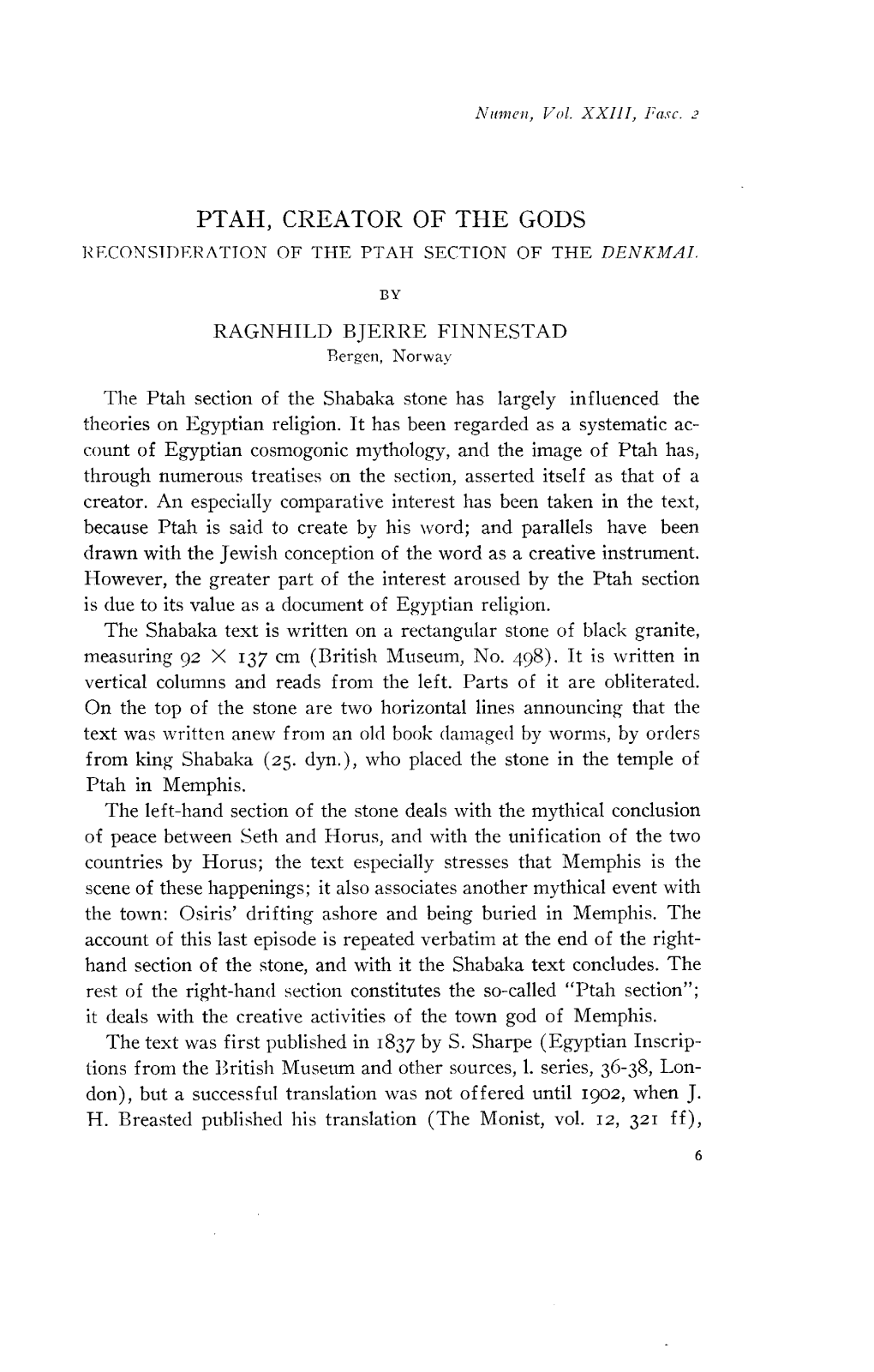 Ptah, Creator of the Gods Reconsideration of the Ptah Section of the Denkmai