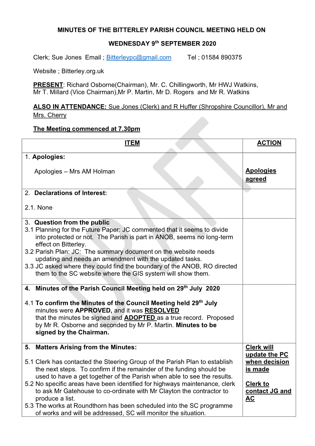 Minutes of the Bitterley Parish Council Meeting Held On