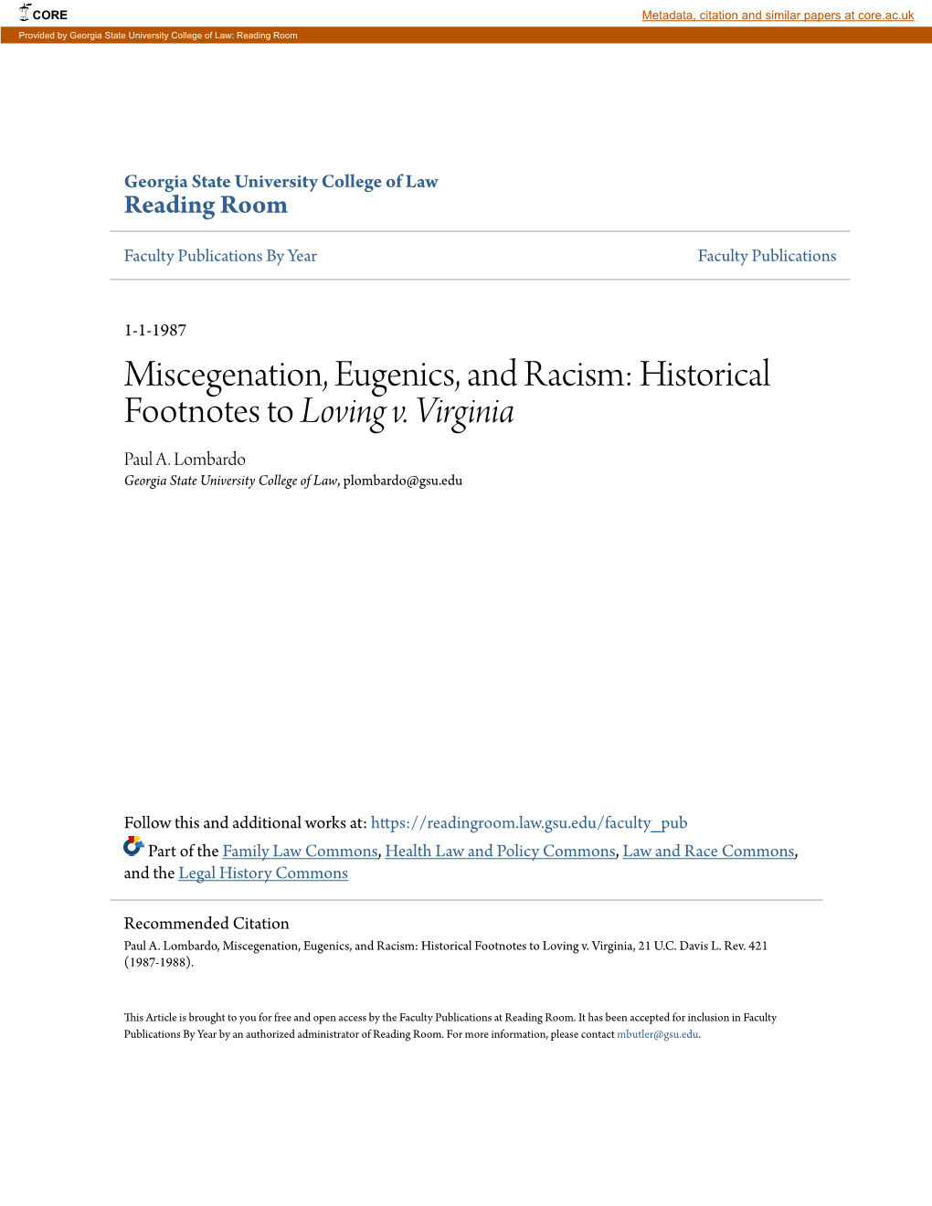 Miscegenation, Eugenics, and Racism: Historical Footnotes to Loving V