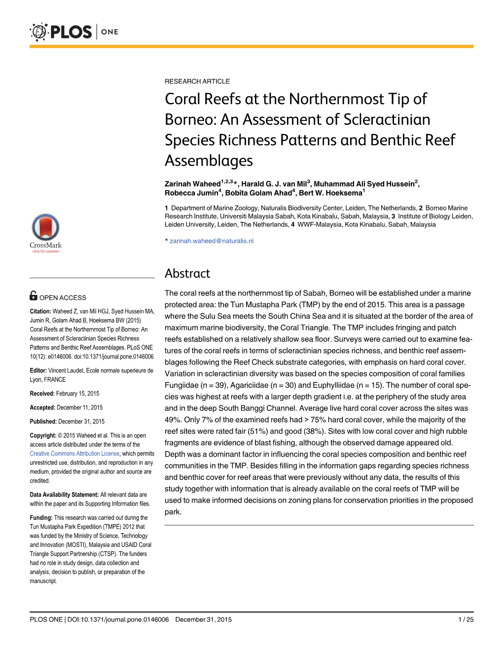 Coral Reefs at the Northernmost Tip of Borneo: an Assessment of Scleractinian Species Richness Patterns and Benthic Reef Assemblages