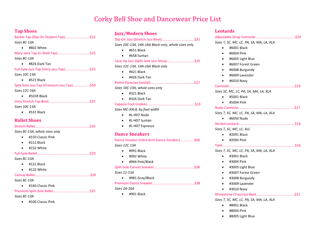 Corky Bell Shoe and Dancewear Price List