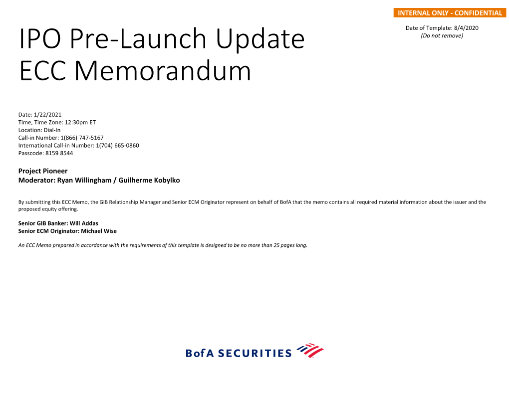 IPO Pre-Launch Update ECC Memorandum