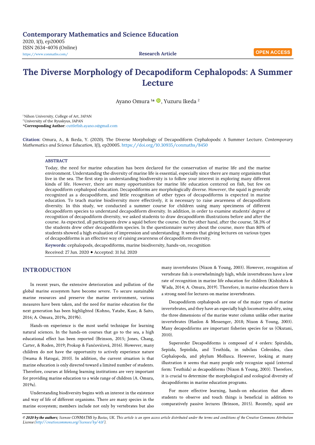 The Diverse Morphology of Decapodiform Cephalopods: a Summer Lecture