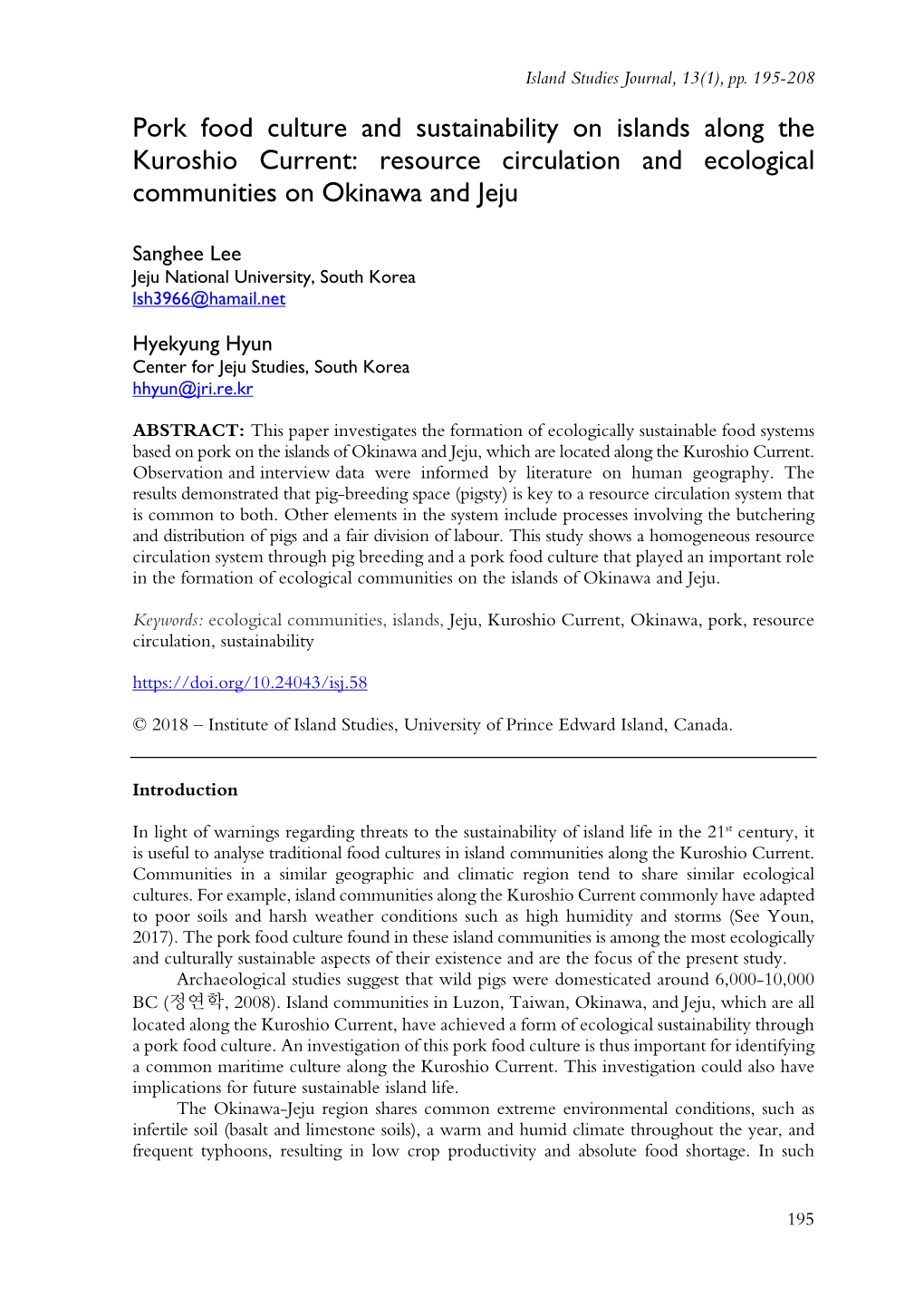 Pork Food Culture and Sustainability on Islands Along the Kuroshio Current: Resource Circulation and Ecological Communities on Okinawa and Jeju