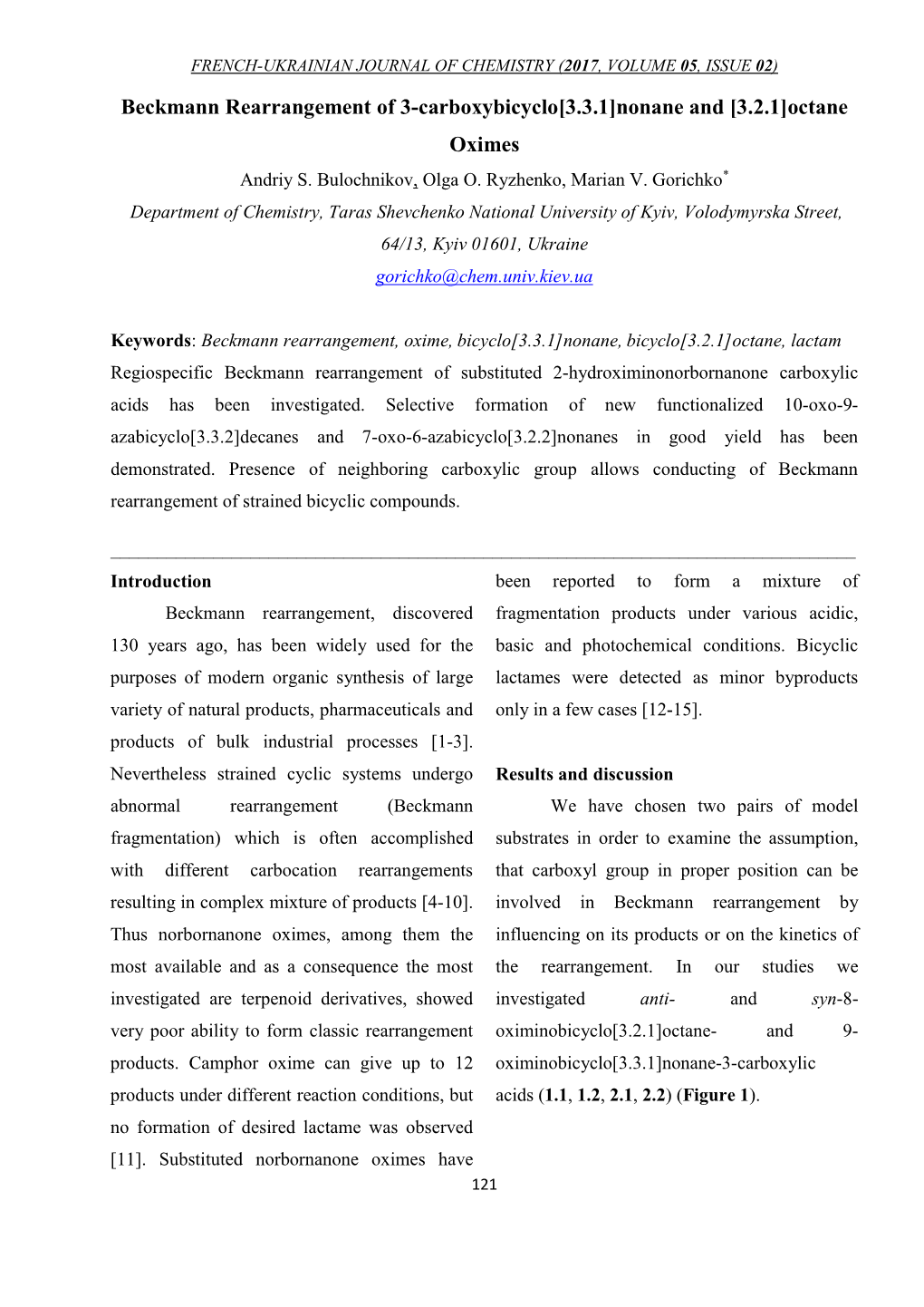 Beckmann Rearrangement of 3-Carboxybicyclo[3.3.1]Nonane and [3.2.1]Octane Oximes Andriy S