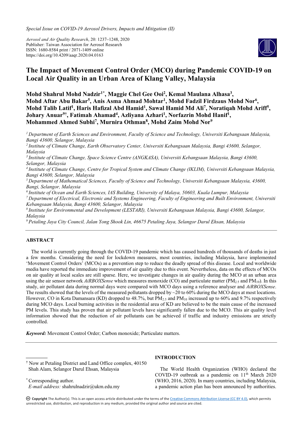 (MCO) During Pandemic COVID-19 on Local Air Quality in an Urban Area of Klang Valley, Malaysia