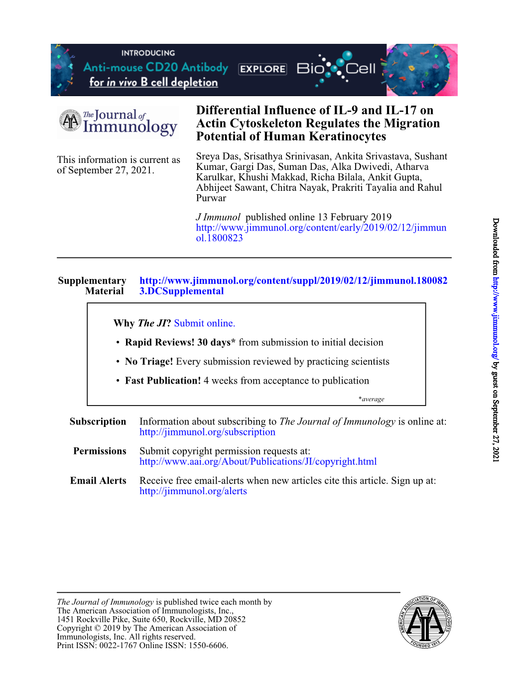 Differential Influence of IL-9 and IL-17 on Actin Cytoskeleton Regulates the Migration Potential of Human Keratinocytes