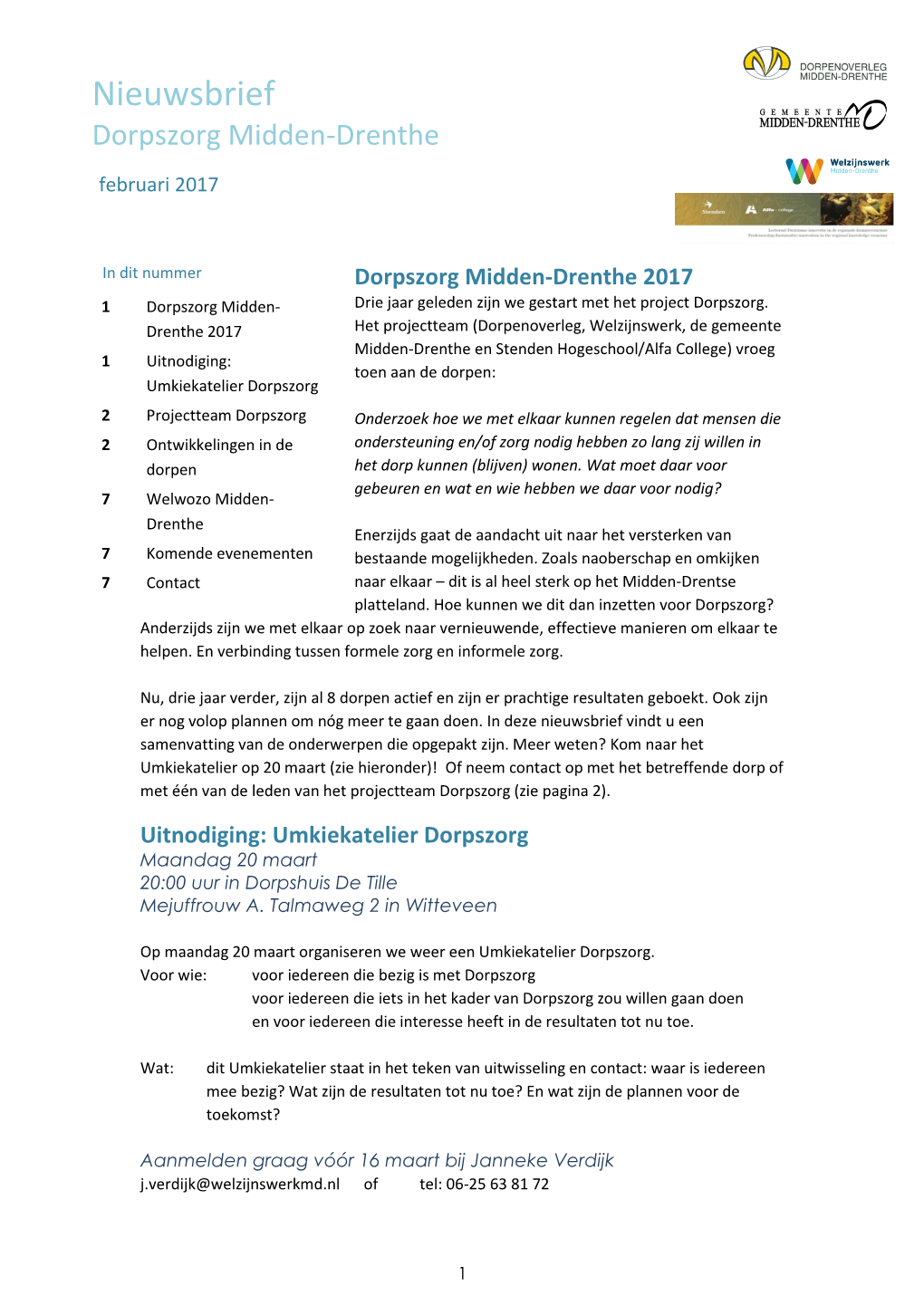 Nieuwsbrief Dorpszorg Midden-Drenthe Nieuwsbrief Voor Medewerkers Februari 2017