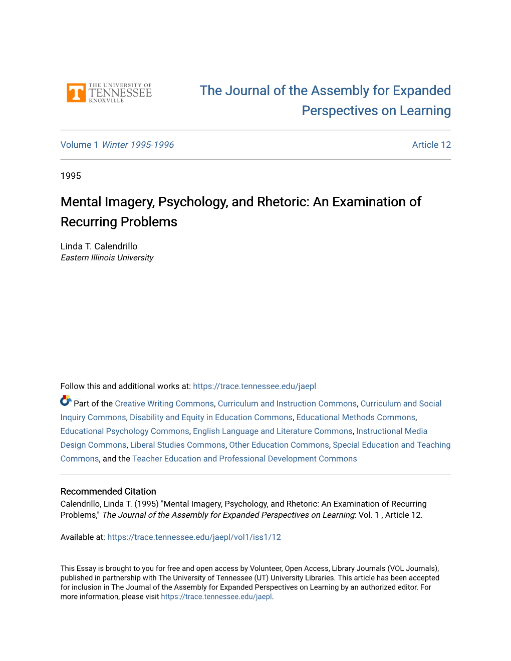 Mental Imagery, Psychology, and Rhetoric: an Examination of Recurring Problems