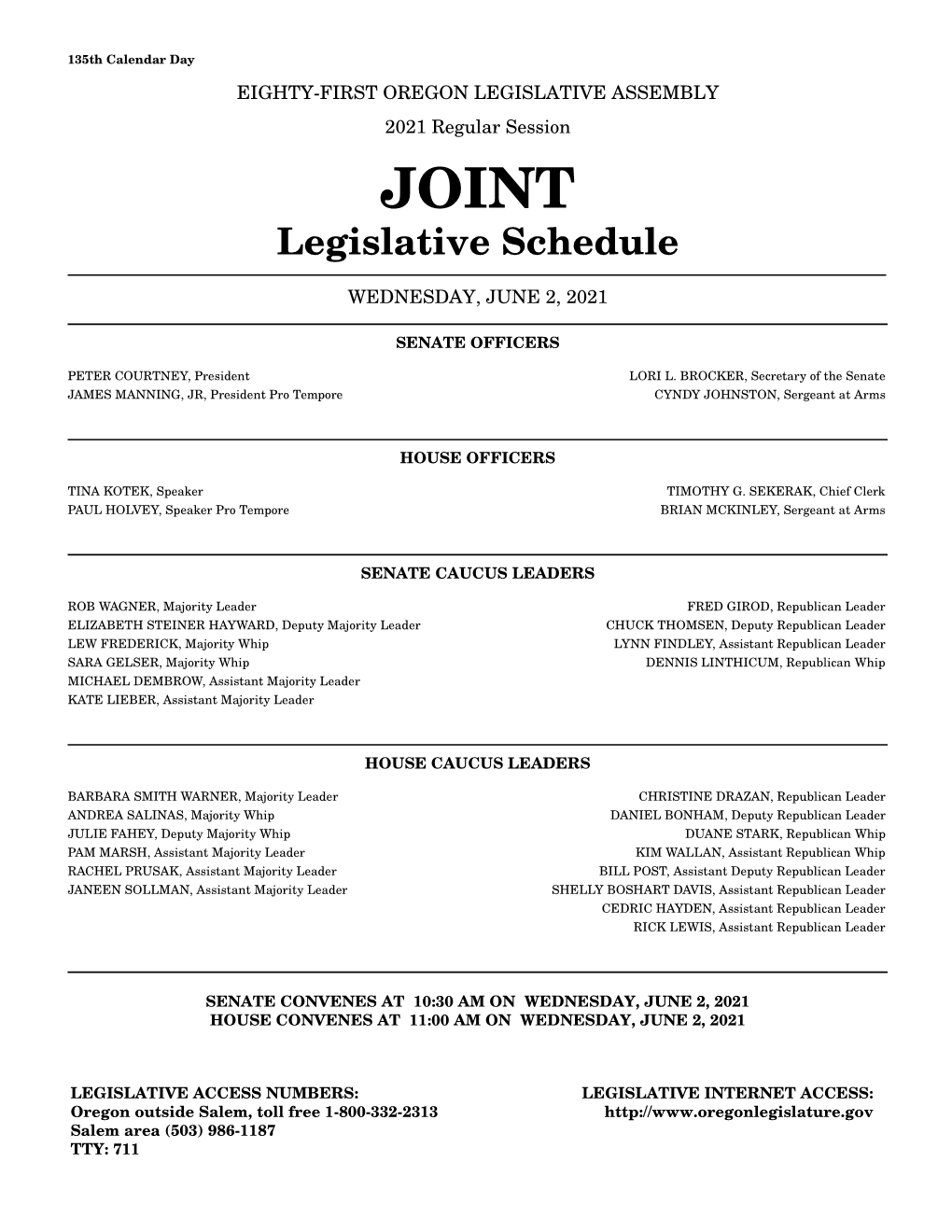 JOINT Legislative Schedule