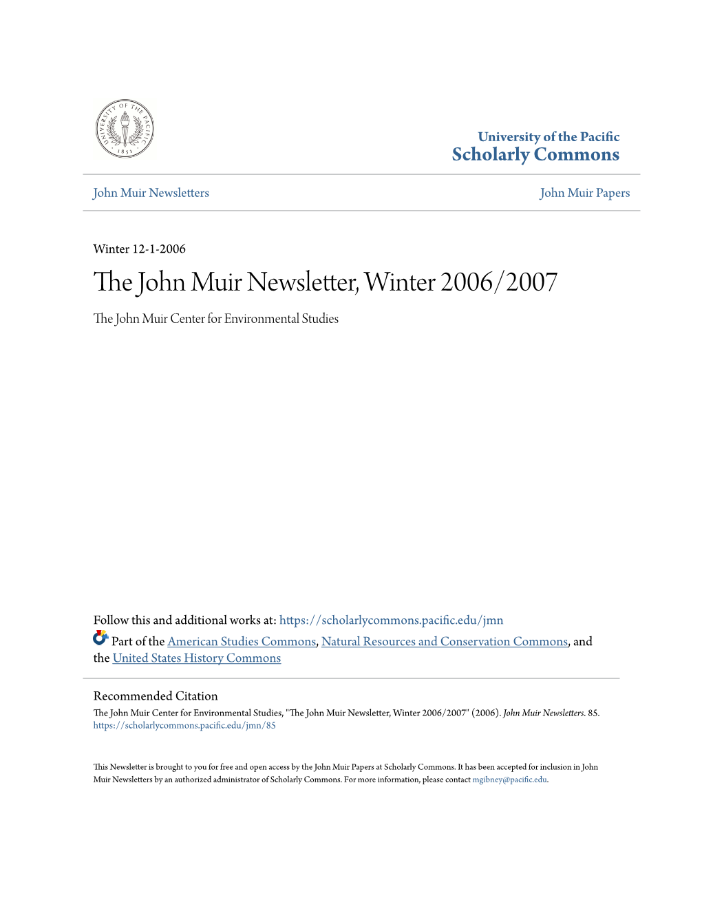 The John Muir Newsletter, Winter 2006/2007