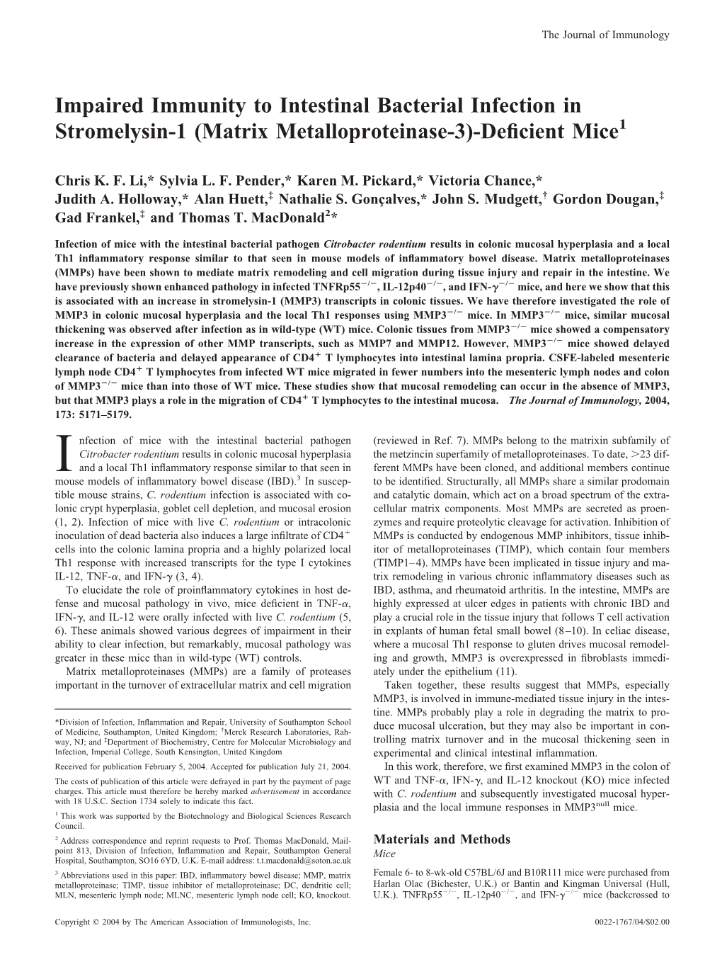 Metalloproteinase-3)-Deficient Mice Infection in Stromelysin-1 (Matrix Impaired Immunity to Intestinal Bacterial