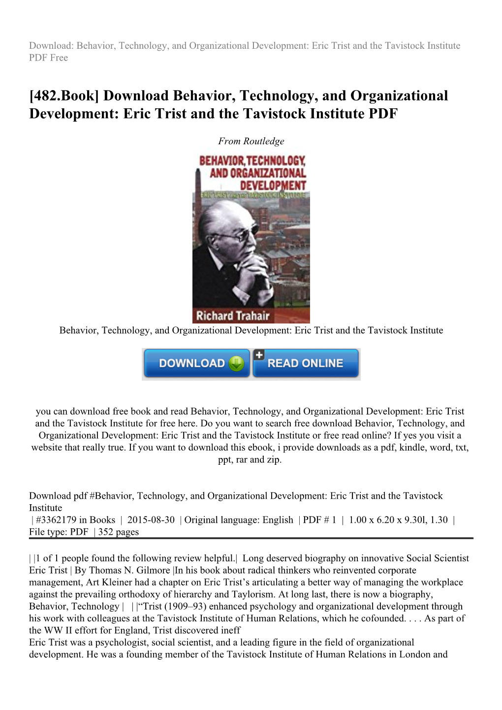 Eric Trist and the Tavistock Institute PDF Free
