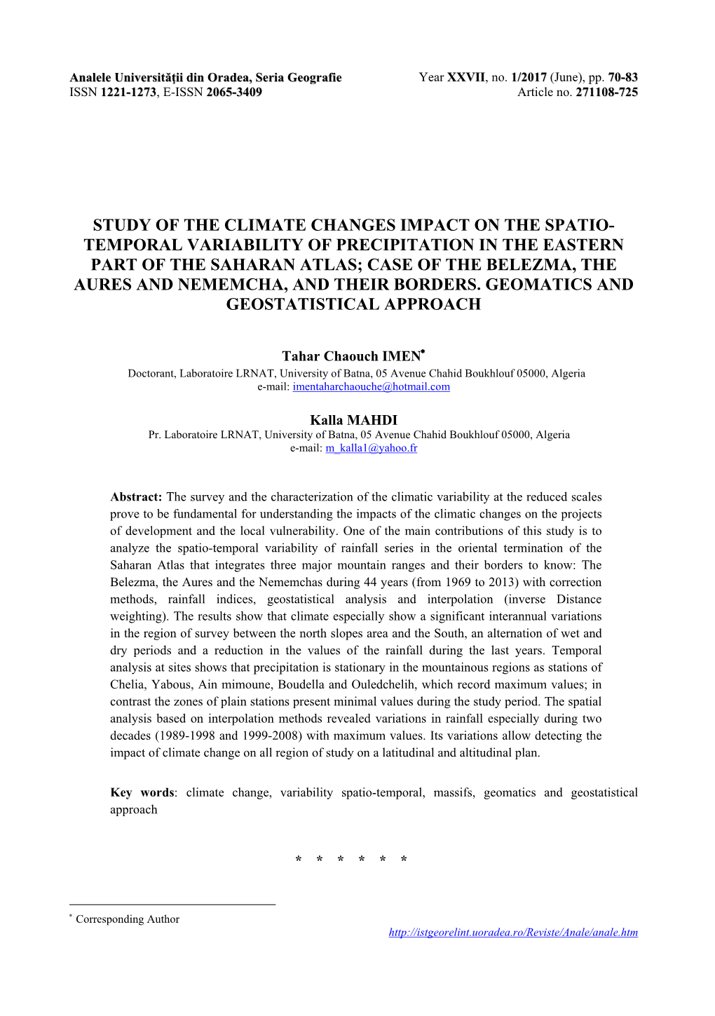 Study of the Climate Changes Impact on the Spatio- Temporal Variability of Precipitation in the Eastern Part of the Saharan Atla