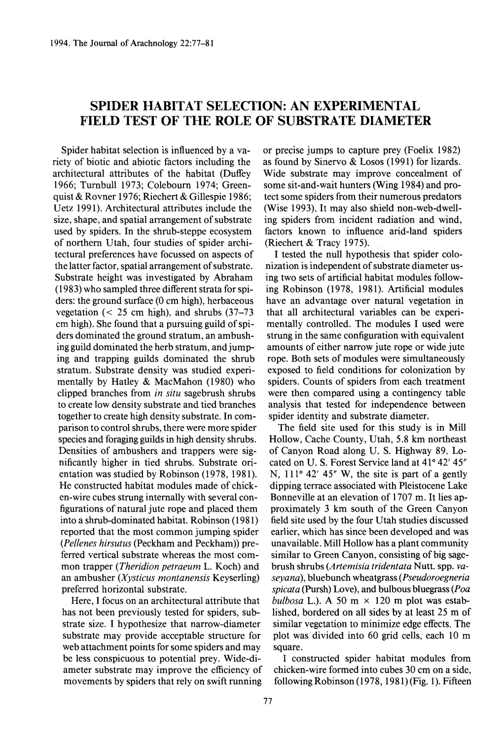 Spider Habitat Selection : an Experimental Field Test of the Role of Substrate Diamete R