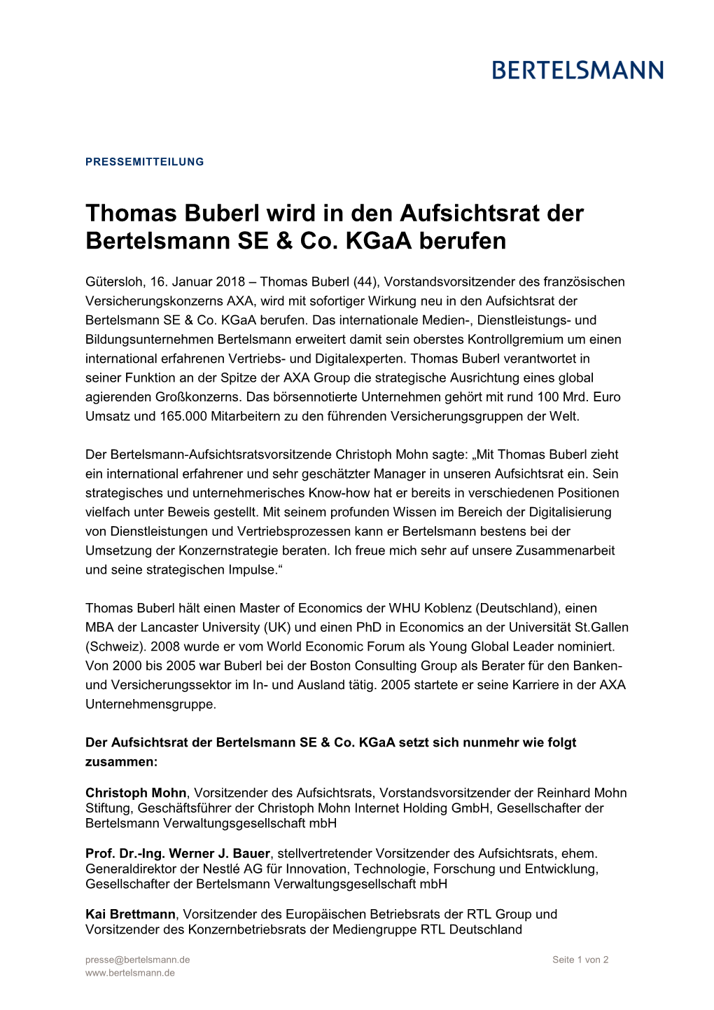 Thomas Buberl Wird in Den Aufsichtsrat Der Bertelsmann SE & Co