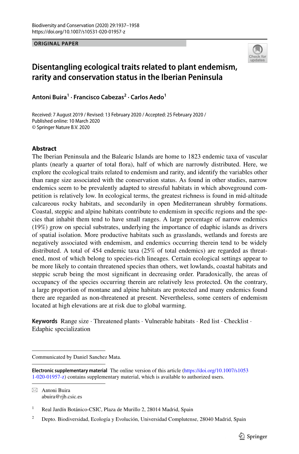 Disentangling Ecological Traits Related to Plant Endemism, Rarity and Conservation Status in the Iberian Peninsula